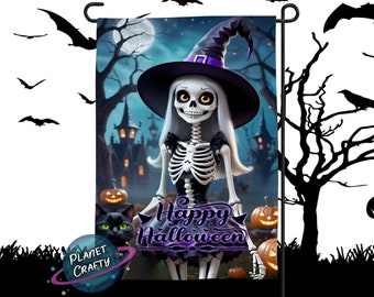 Happy Halloween, Skeleton Witch Garden Flag PNG Design, Digital Download
