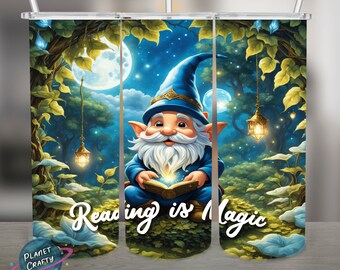 Reading is Magic, Gnome With An Open Book Fantasy Design, PNG Design, 20Oz Skinny Tumbler Wrap, Digital Download