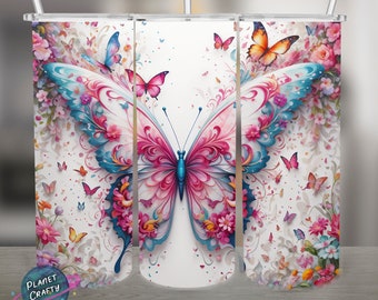 Butterfly And Floral PNG Design, 20Oz Skinny Tumbler Wrap, Digital Download
