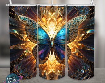 Butterfly, Metallic, Glass Patterns PNG Design, 20Oz Skinny Tumbler Wrap, Digital Download