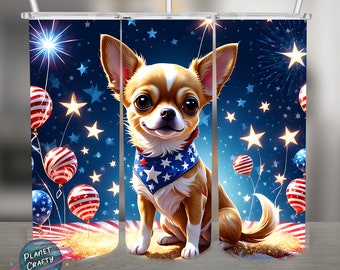 Cute Chihuahua Patriotic, 4th of July PNG Design, 20Oz Skinny Tumbler Wrap, Digital Download