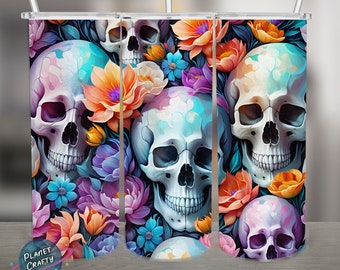 Pastel Skulls and Flowers PNG Design, 20Oz Skinny Tumbler Wrap, Digital Download