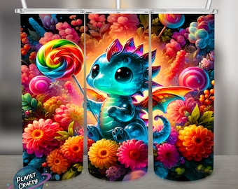 Colorful Candy Dragon png design, 20Oz Skinny Tumbler Wrap, Digital Download