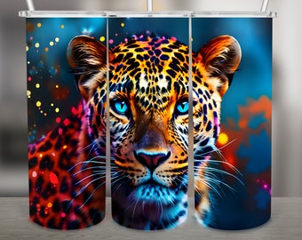 Leopard, Neon PNG Design, 20Oz Skinny Tumbler Wrap, Digital Download