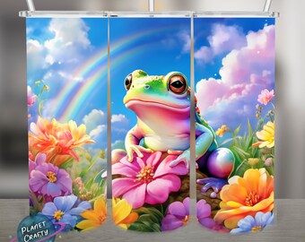 Frog Under a Rainbow, Colorful PNG Design, 20Oz Skinny Tumbler Wrap, Digital Download