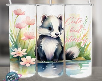 Cute But Stinky, Skunk Watercolor PNG Design, 20Oz Skinny Tumbler Wrap, Digital Download