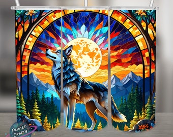 Wolf Stained Glass Illustration PNG Design, 20Oz Skinny Tumbler Wrap, Digital Download