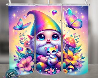 Cute Gnome with Kitten, Colorful PNG Design, 20Oz Skinny Tumbler Wrap, Digital Download