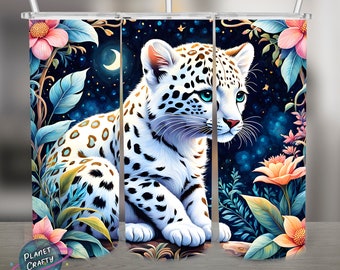 Spotted White Leopard Cub, Cute PNG Design, 20Oz Skinny Tumbler Wrap, Digital Download