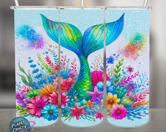Mermaid Tail, Underwater Floral PNG Design, 20Oz Skinny Tumbler Wrap, Digital Download