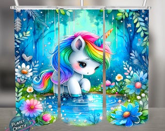 Chibi Unicorn, Colorful Rainbow Mane PNG Design, 20Oz Skinny Tumbler Wrap, Digital Download