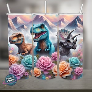 Dinosaurs and Flowers, Pastel Colors PNG Design, 20Oz Skinny Tumbler Wrap, Digital Download