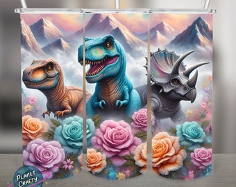 Dinosaurs and Flowers, Pastel Colors PNG Design, 20Oz Skinny Tumbler Wrap, Digital Download
