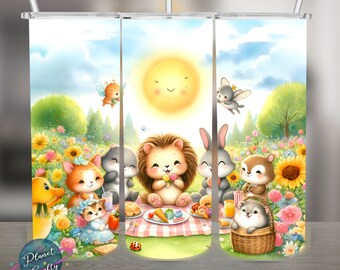 Picnic of Cute Animals in a Meadow Illustration PNG Design, 20Oz Skinny Tumbler Wrap, Digital Download