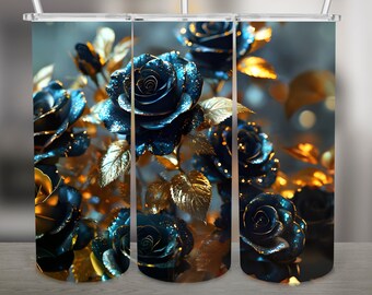 Artistic Roses, Gold Accents PNG Design, 20Oz Skinny Tumbler Wrap, Digital Download