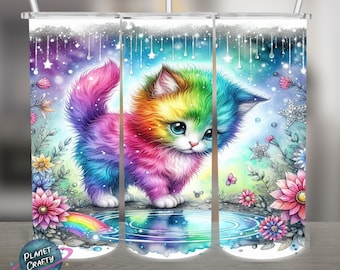 Cute Kitten, Colorful Rainbow Fur PNG Design, 20Oz Skinny Tumbler Wrap, Digital Download
