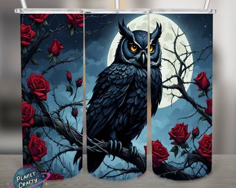 Gothic Black Owl, Roses Illustration PNG Design, 20Oz Skinny Tumbler Wrap, Digital Download