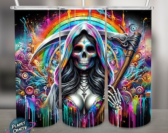 Colorful Lady Grim Reaper PNG Design, 20Oz Skinny Tumbler Wrap, Digital Download