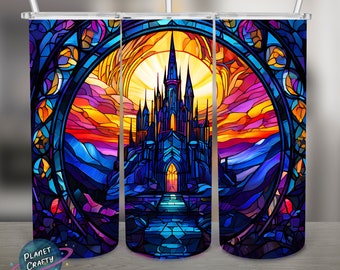 Castle on a Stained Glass, PNG Design, 20Oz Skinny Tumbler Wrap, Digital Download
