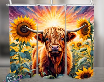 Highland Cow Among Sunflowers Illustration PNG Design, 20Oz Skinny Tumbler Wrap, Digital Download