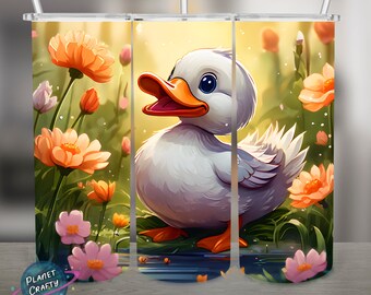 Cute Duck Among Colorful Nature Background, PNG Design, 20Oz Skinny Tumbler Wrap, Digital Download