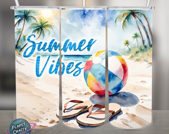 Summer Vibes, Beach Scene PNG Design, 20Oz Skinny Tumbler Wrap, Digital Download