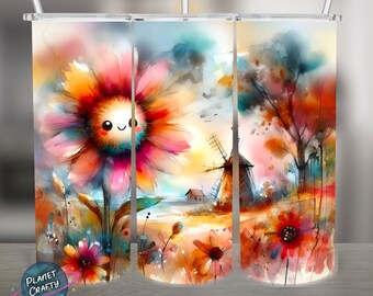 Happy Flower Watercolor PNG Design, 20Oz Skinny Tumbler Wrap, Digital Download