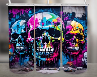 Graffiti Style Skulls, Colorful PNG Design, 20Oz Skinny Tumbler Wrap, Digital Download
