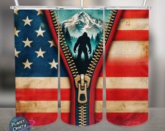 USA Flag, Zipper Revealing Bigfoot PNG Design, 20Oz Skinny Tumbler Wrap, Digital Download