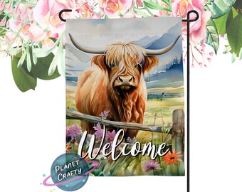 Highland Cow, Decorative Welcome Garden Flag PNG Design, Digital Download
