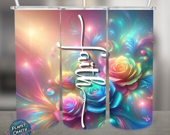 Faith PNG Design, Rainbow Colored Roses 20Oz Skinny Tumbler Wrap, Digital Download