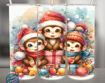 Cute Monkeys, Christmas PNG Design, 20Oz Skinny Tumbler Wrap, Digital Download