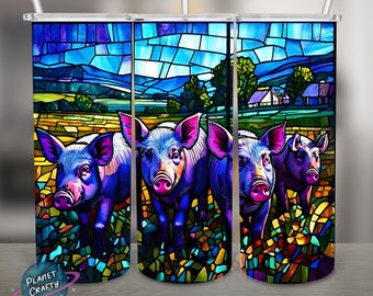 Pigs on the Farm, Stained Glass, PNG Design, 20Oz Skinny Tumbler Wrap, Digital Download