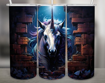 Rainbow Unicorn, Broken Wall PNG Design, 20Oz Skinny Tumbler Wrap, Digital Download