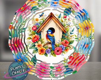 Bird, Birdhouse and Flowers, Wind Spinner PNG Design, Digital Download
