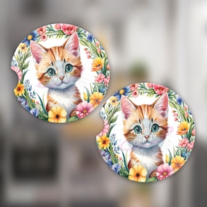 Cute Cat, Kitten Surrounded by Flowers Car Coaster PNG Design, Digital Download