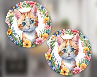 Cute Cat, Kitten Surrounded by Flowers Car Coaster PNG Design, Digital Download