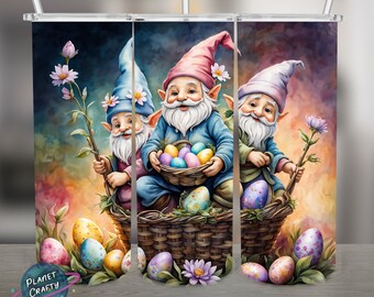 Happy Gnomes, Basket of Easter Eggs PNG Design, 20Oz Skinny Tumbler Wrap, Digital Download
