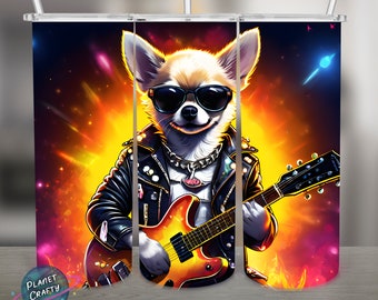 Chihuahua Rock Star, Fun Dog Lover PNG Design, 20Oz Skinny Tumbler Wrap, Digital Download