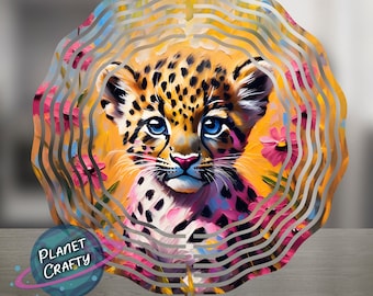 Spotted Leopard, Beautiful Illustratiom, Surrounded byFlowers, Wind Spinner PNG Design, Digital Download