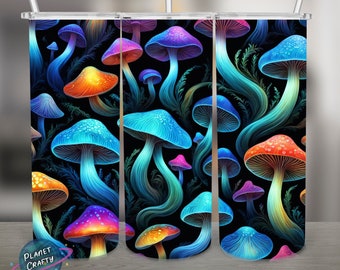 Bioluminescent Mushrooms Pattern, PNG Design, 20Oz Skinny Tumbler Wrap, Digital Download