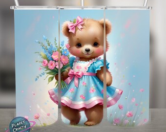 Cute Teddy Bear Wearing Dress with Flowers PNG Design, 20Oz Skinny Tumbler Wrap, Digital Download