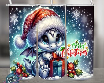 Cute Dragon, Merry Christmas PNG Design, 20Oz Skinny Tumbler Wrap, Digital Download