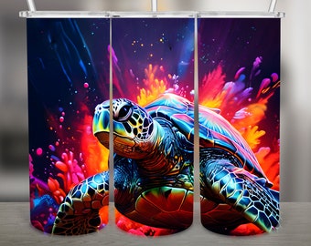 Turtle, Neon Colorful PNG Design, 20Oz Skinny Tumbler Wrap, Digital Download