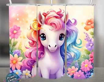 Rainbow Pony, Colorful Cartoon PNG Design, 20Oz Skinny Tumbler Wrap, Digital Download