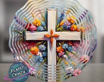 Cross Surrounded by Flowers, Wind Spinner PNG Design, Digital Download