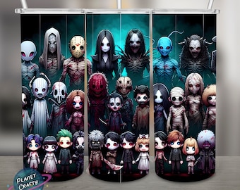Horror Lineup, Fun Cartoon Halloween Style Characters PNG Design, 20Oz Skinny Tumbler Wrap, Digital Download