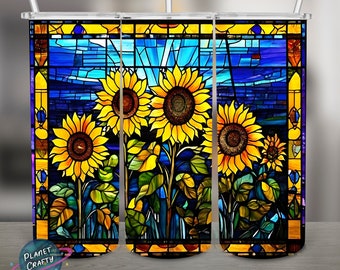 Sunflowers, Stained Glass, PNG Design, 20Oz Skinny Tumbler Wrap, Digital Download