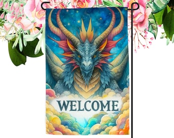 Welcome, Fantasy Dragon Design Garden Flag PNG Design, Digital Download, For Home