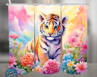 Baby Tiger Cub, Colorful Flowers PNG Design, 20Oz Skinny Tumbler Wrap, Digital Download